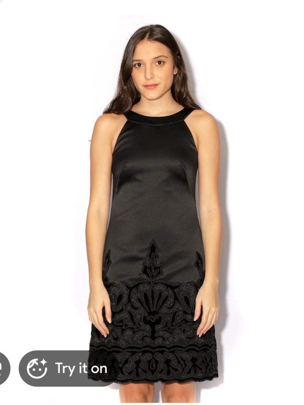 Badgley Mischka Black Satin Halter Cocktail Dress Beaded Embroidered Hem Sz S